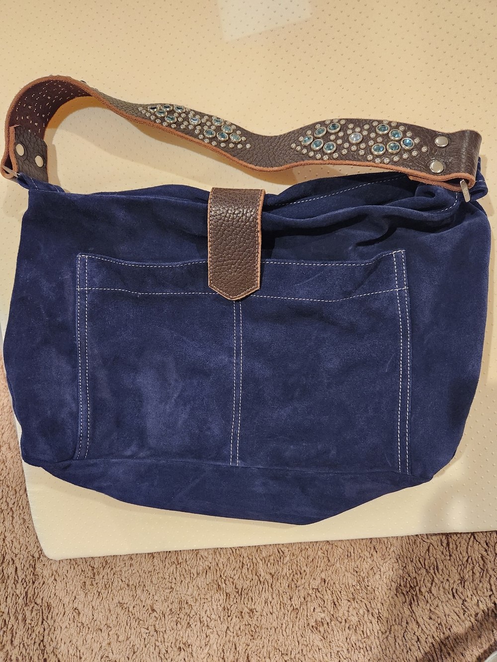 Tylie Malibu Suede Navy Blue Shoulder Bag with Embellished Brown Strap